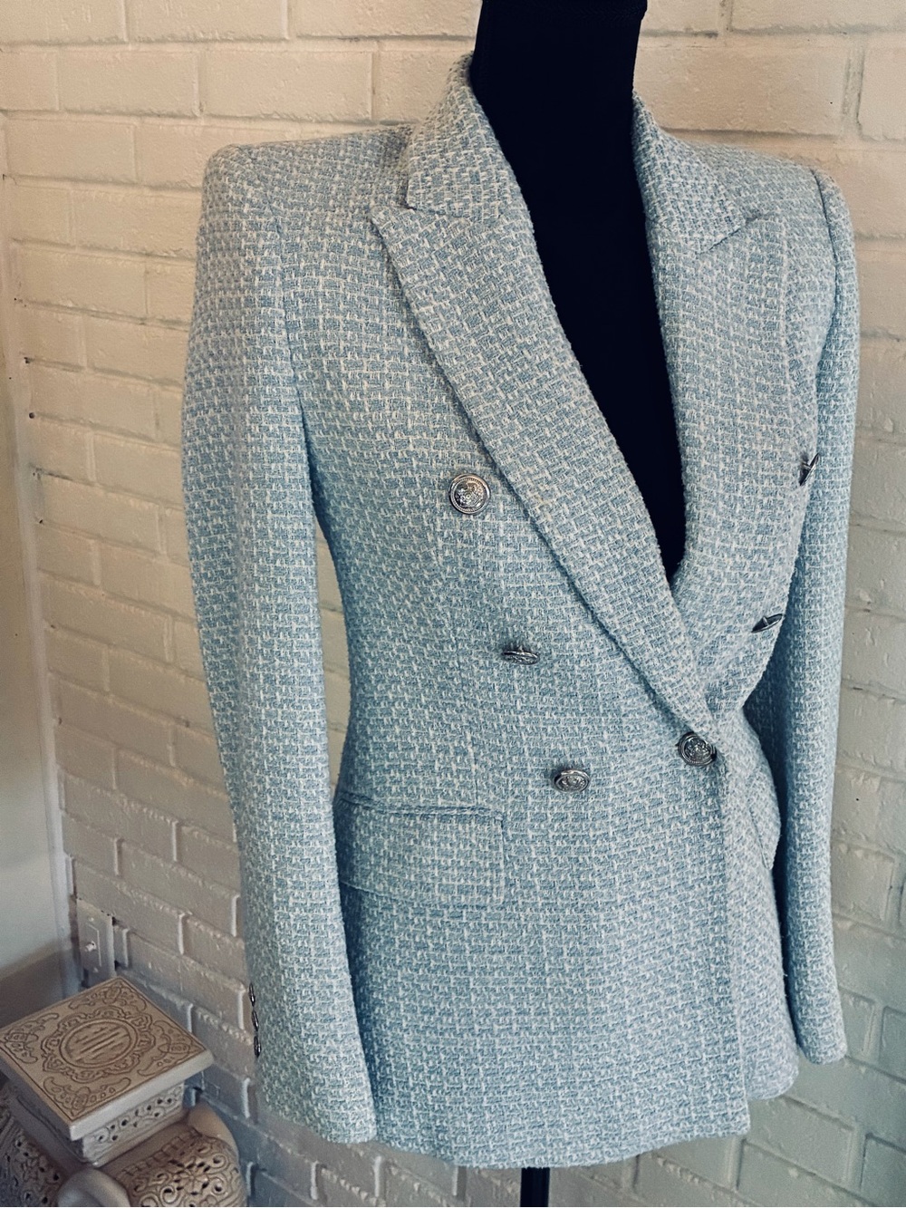 💙 ZARA Double-Breasted Tweed Blazer Jacket - Light Blue EUC XS - Picture 8 of 11